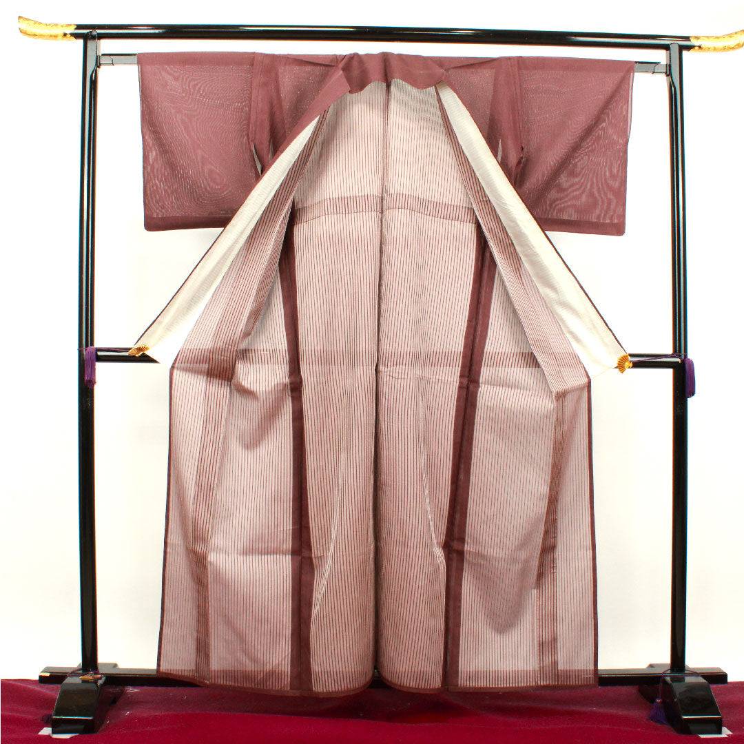 夏物 正絹 色無地 身丈160cm 裄丈60cm 紫土色（しどいろ） 竪絽（たてろ） 絽 Aランク 紫系 1132001093420