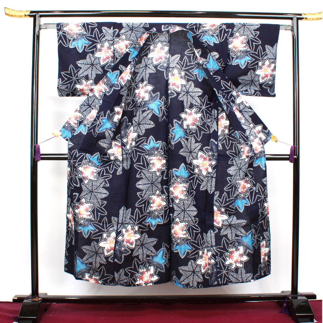 浴衣 濃紺色 紅葉 木綿 Aランク 単衣 身丈151.5cm 裄丈64cm 紺系 1118001393218