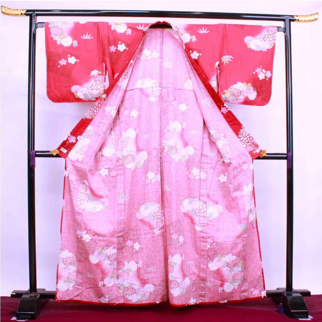 浴衣 蘇芳色 梅 牡丹 菊 木綿 Sランク 単衣 身丈163.5cm 裄丈67cm 朱系 1118004242416