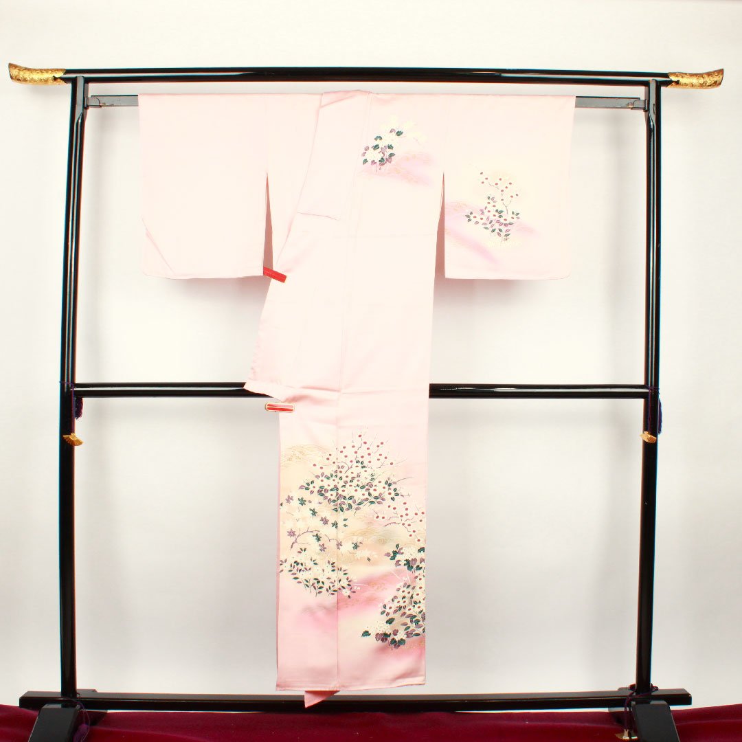 訪問着 袷 身丈150cm 裄丈61cm 練色 京友禅 橘 正絹 Bランク ピンク系 1112001634113