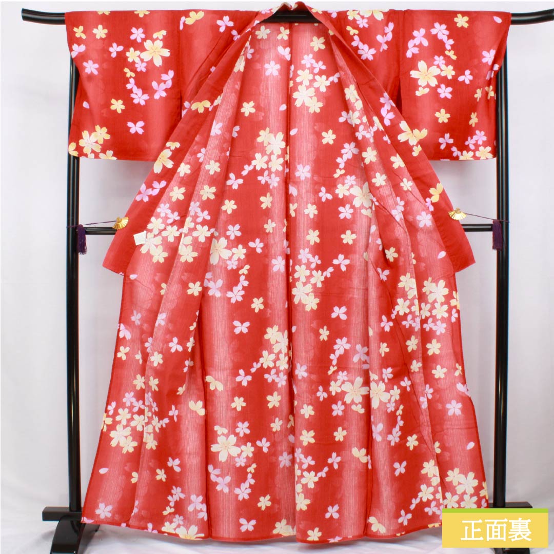 浴衣 木綿 身丈162cm 裄丈67.5cm Sランク 単衣 朱系 辰砂色（しんしゃいろ） 桜 1118006512416
