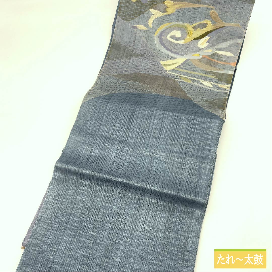 袋帯 正絹 湊鼠色（みなとねずいろ） 夏帯 抽象模様 帯丈440cm Bランク ポイント柄 セミフォーマル 水色系 1123013274324