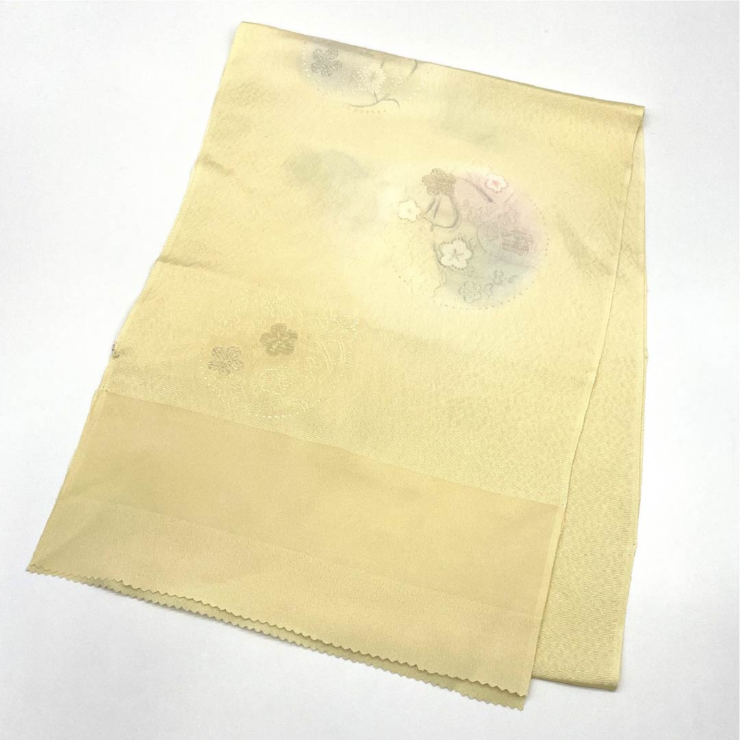 Obiage Silk S Rank Semi-formal Light Eggshell Floral Roundels Plum Length approx. 178cm Width approx. 31cm Yellowish 1136002732923