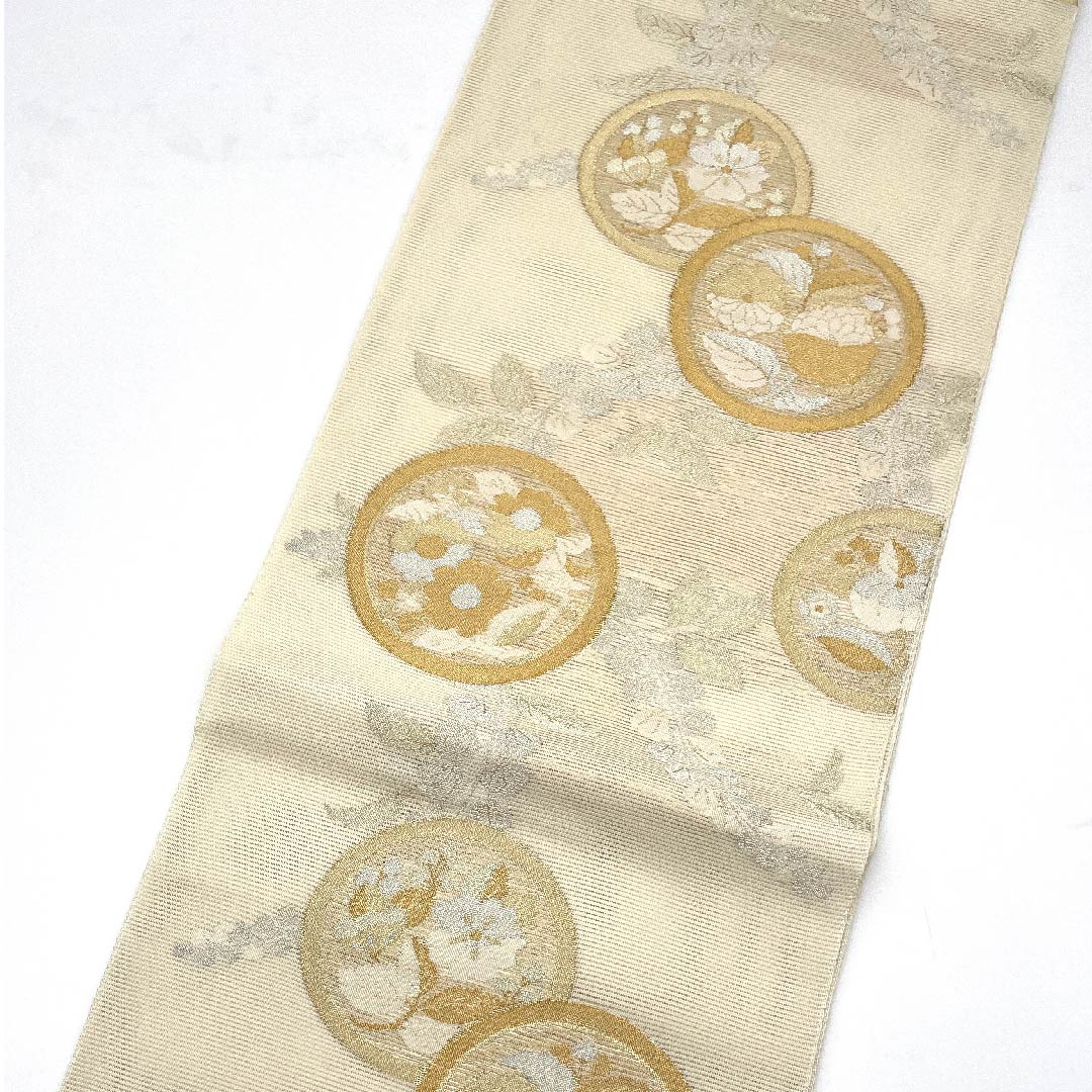 袋帯 生成り色（きなりいろ） 夏帯 花紋 帯丈432cm 正絹 Sランク 六通 フォーマル クリーム系 1123007372315