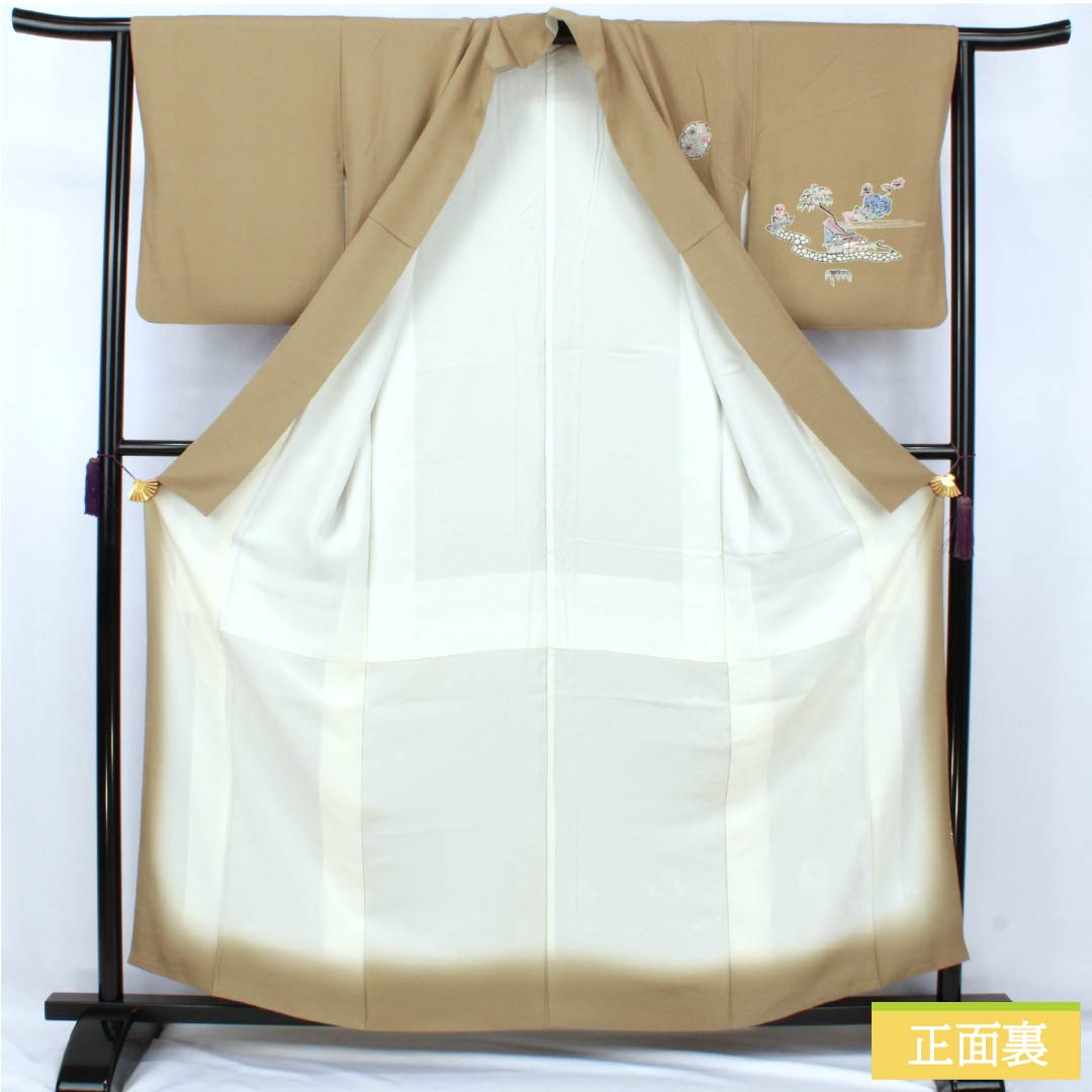 訪問着 正絹 Aランク 袷 身丈160cm 裄丈62.5cm 丁子煤竹色（ちょうじすすたけいろ） 琉球紅型 雪輪 鳳凰 風景 パールトーン加工 ベージュ系 1112007273425