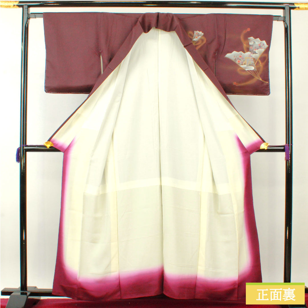 Homongi, pure silk, lined, length 160cm, sleeve length 64cm, purple, Kyoto Yuzen, fan, auspicious motif, S rank, purple, 1112004282420
