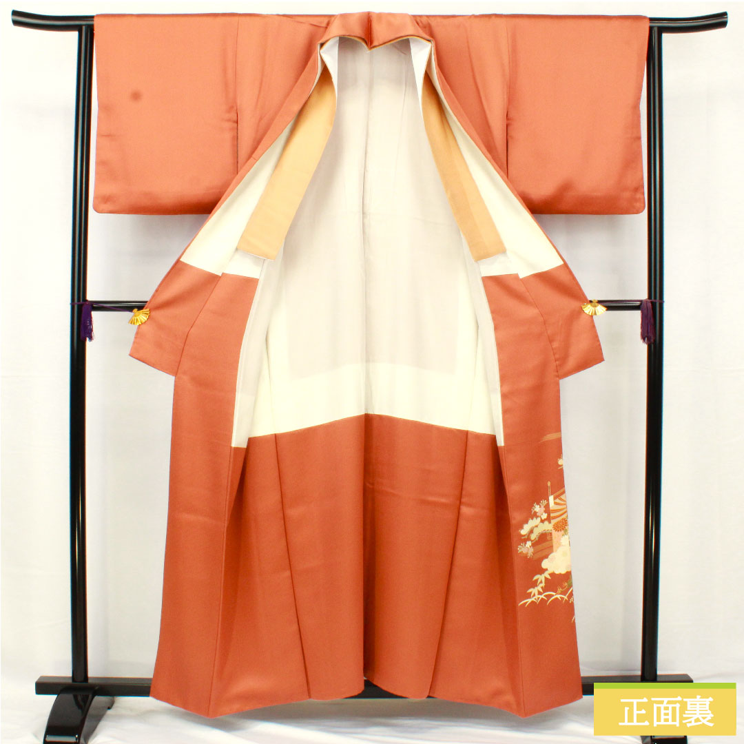色留袖 正絹 身丈157cm 裄丈63cm 袷 珊瑚色（さんごいろ） 京友禅 桜 松竹梅 一つ紋 星梅鉢 重ね衿付き Aランク 橙系 1111001513326