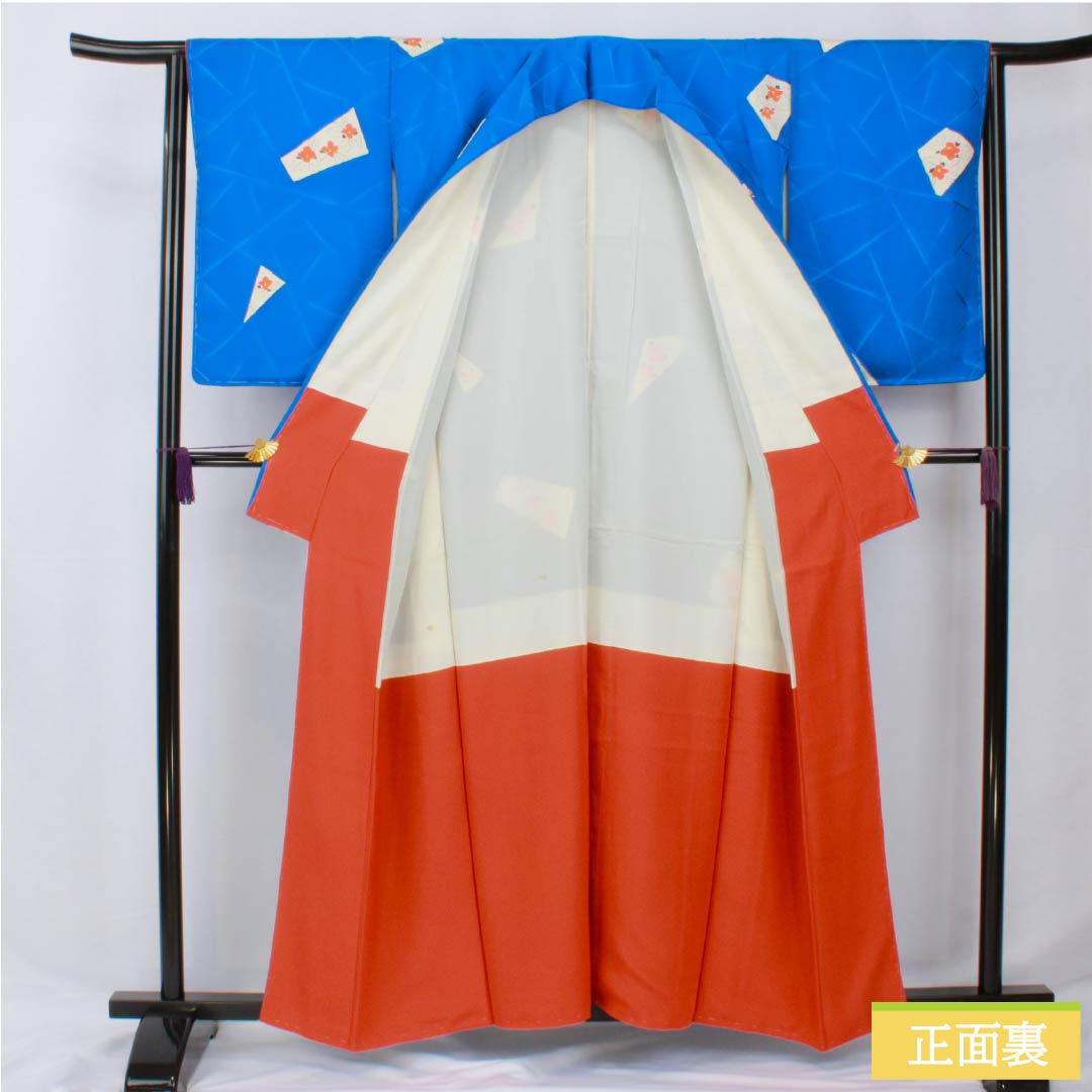 小紋 正絹 身丈159cm 裄丈64.5cm 袷 金碧珠色（きんぺきしゅいろ） 京友禅 割付 花 しつけ糸付き Aランク 青系 1115005753317