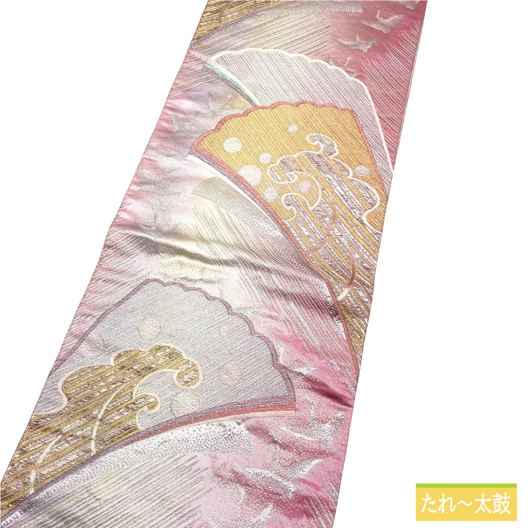 袋帯 正絹 Bランク 中紅花色（なかのくれないいろ） 西陣織 抽象柄 鶴 帯丈426cm 六通 フォーマル ピンク系 1123017954313