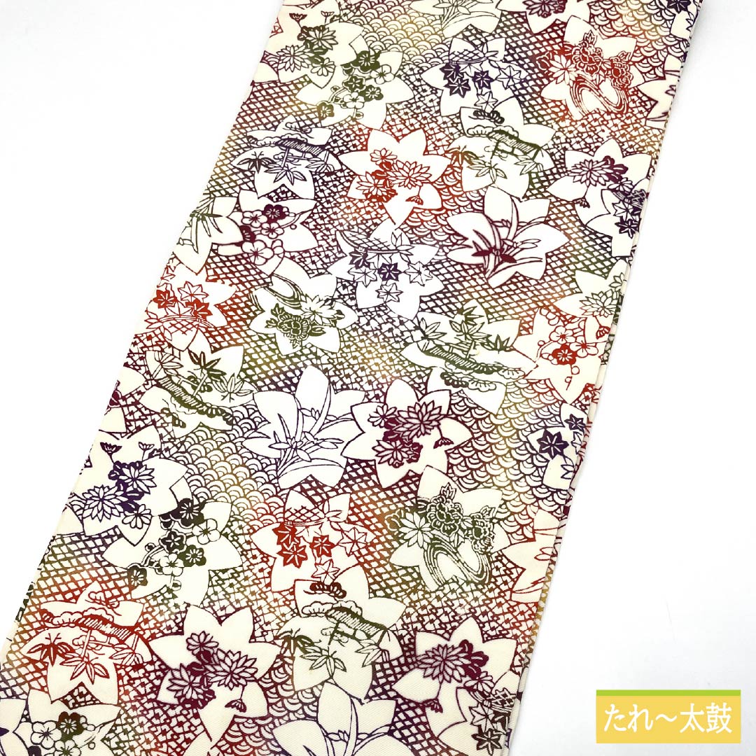 Nagoya obi, stencil-dyed, autumn leaves, chrysanthemums, obi length 377cm, pure silk, S rank, full-length, casual, white, 1124007762311, Nagoya-made