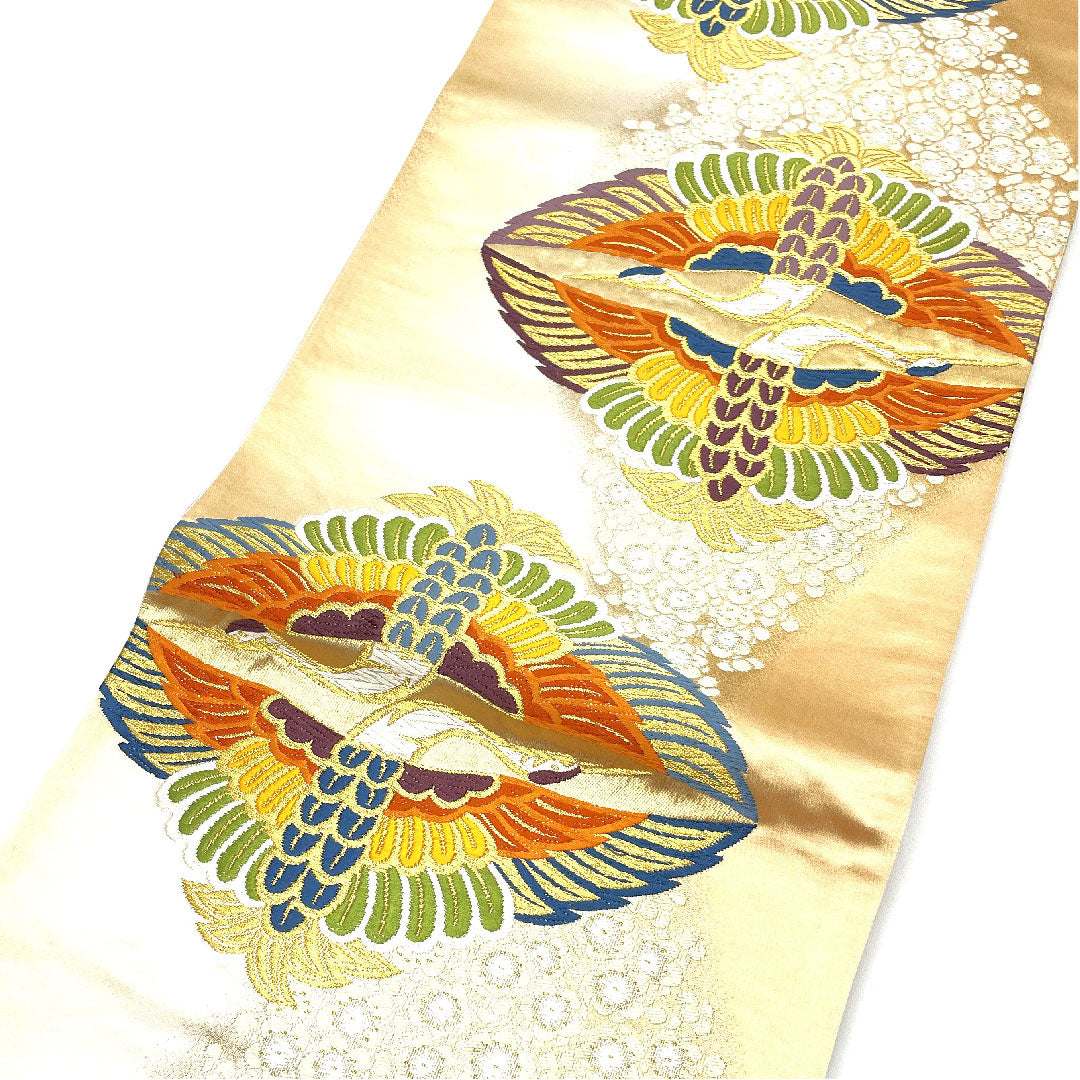 （未仕立）袋帯 向かい鶴 帯丈416cm 正絹 Aランク 六通 フォーマル 金系 1123003693321