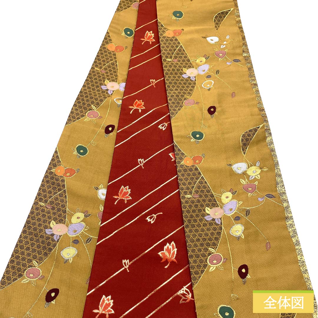 【未仕立】半幅帯 ポリエステル Sランク 古典柄 万寿菊 広幅 帯丈407cm 金系 1125003392421