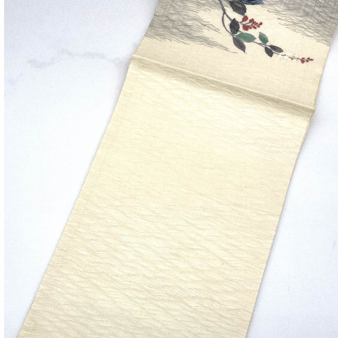 袋帯 生成り色（きなりいろ） 夏帯 草花模様 夏物 帯丈442cm 正絹 Aランク ポイント柄 カジュアル クリーム系 1123007753315