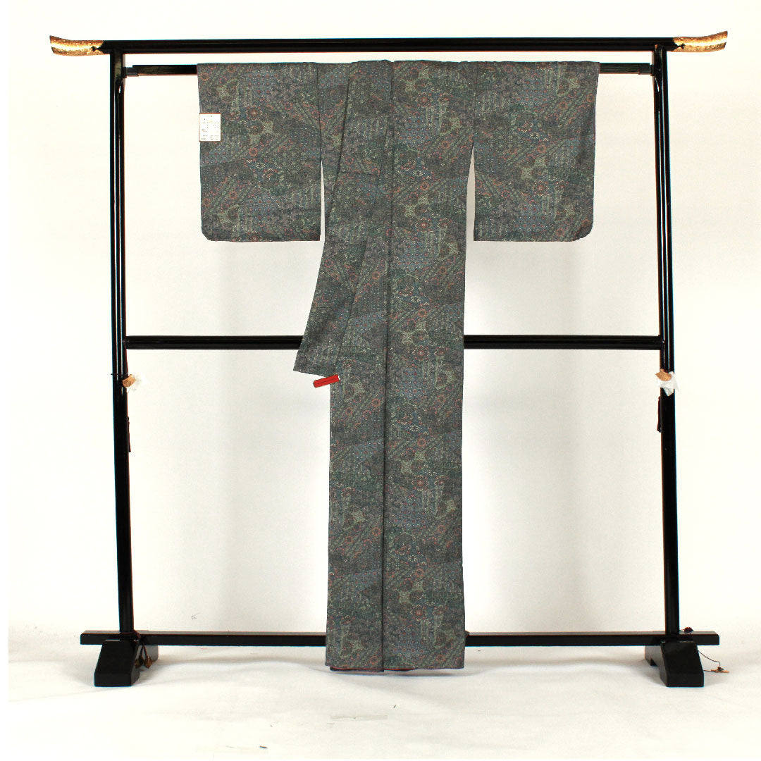小紋 身丈160cm 裄丈66cm 袷  菱形に花 ポリ Sランク 青系 1115000942417
