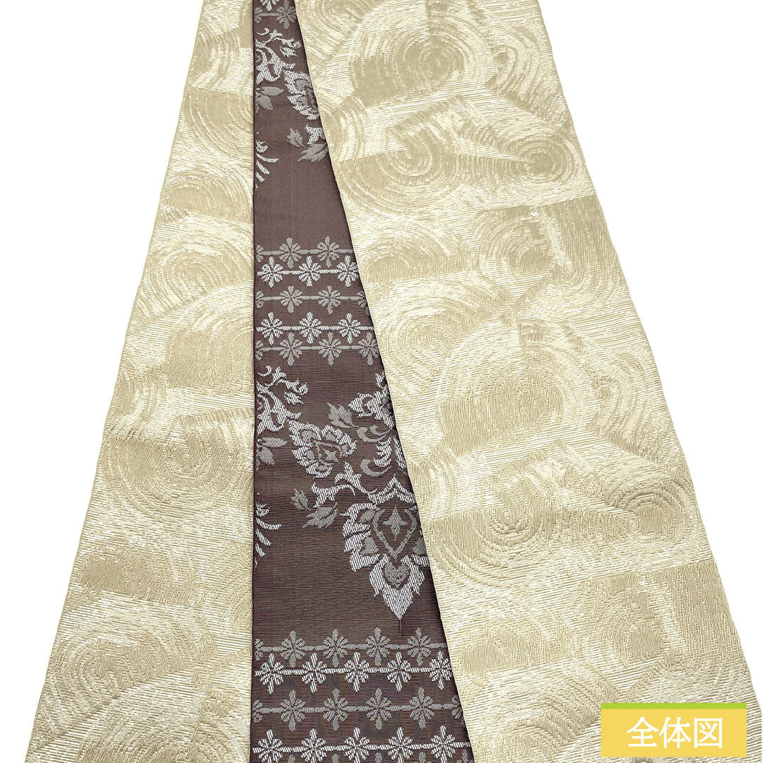 （新品）半幅帯 ポリエステル NEWランク 白橡色（しろつるばみいろ） 幾何学模様 円 抽象花模様 リバーシブル 帯丈400cm ベージュ系 1125002461425