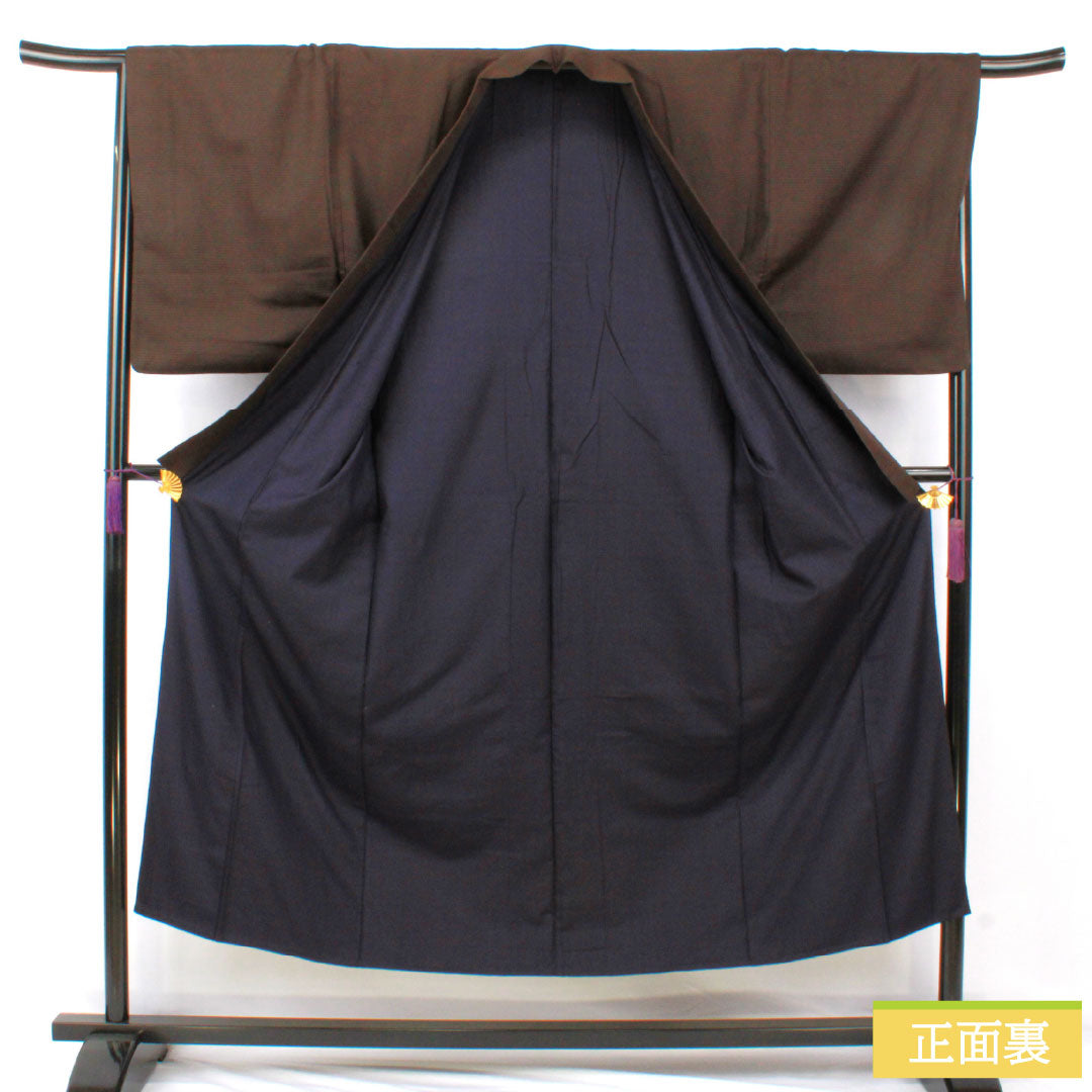 男物 正絹 Aランク 身丈148cm 裄丈68cm 消炭色（けしずみいろ） 横縞 袷 茶系 1119001703414