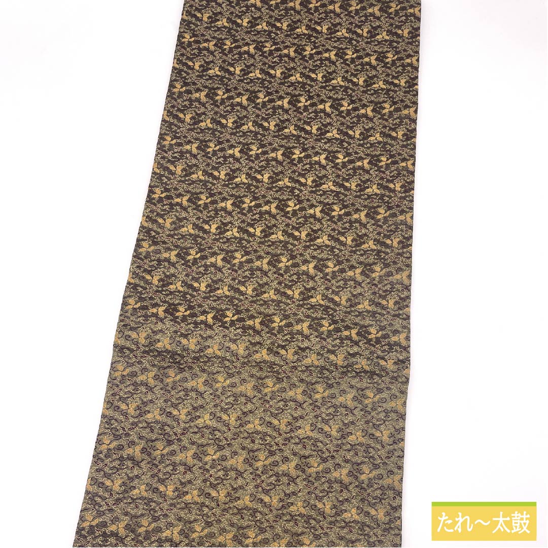 袋帯 花唐草模様 英字の格子柄 媚茶色 ガー O-5474 リサイクル着物】袋帯 正絹 媚茶色（こびちゃいろ） 丸帯 花唐草 帯丈