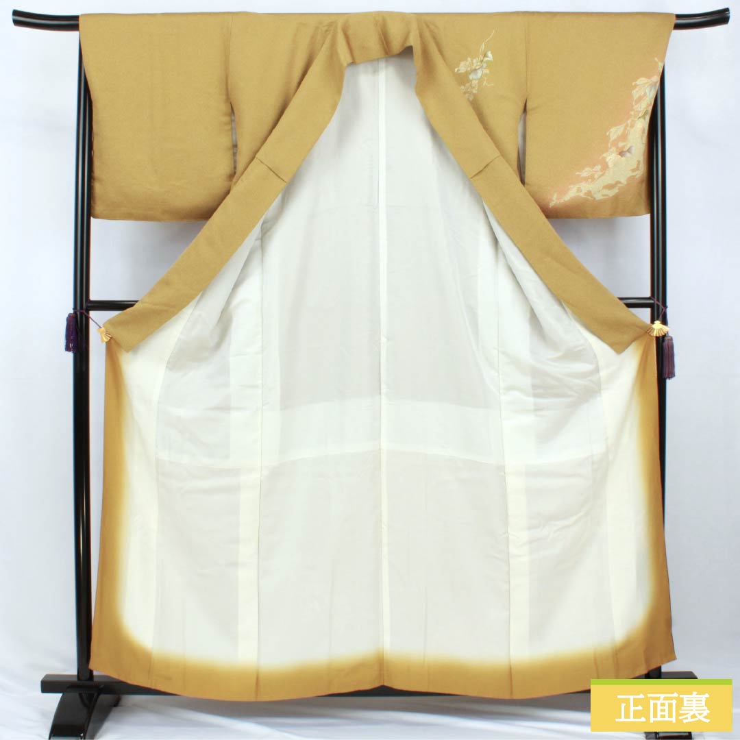 Homongi Silk S-rank Awa Length 159cm Sleeve-to-shoulder 67cm Umeya Shibuiro (Plum & Astringent Color) Tsukesage Kyo-Yuzen Makiro Chirimen Artisan piece Floral Yellow 1112007652323