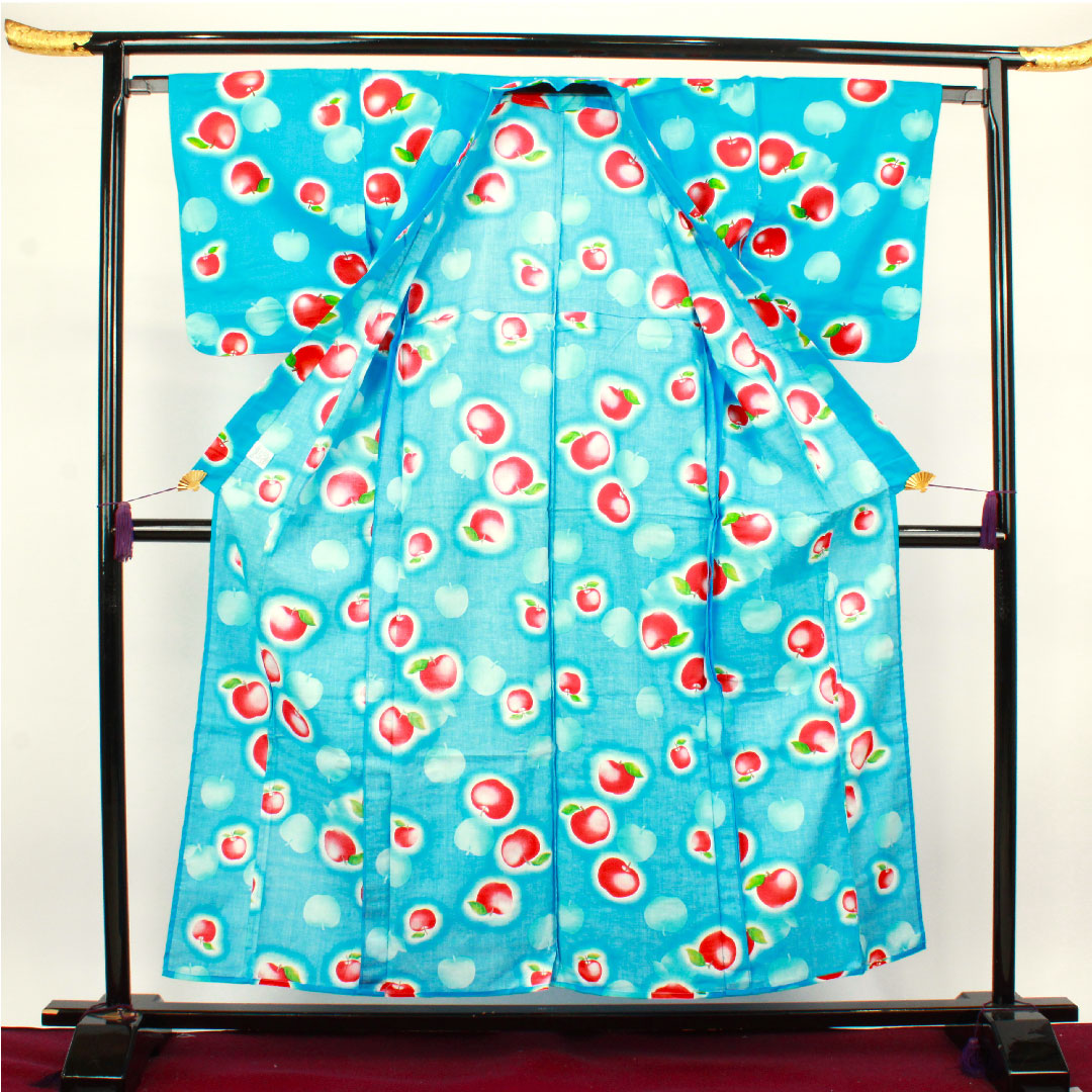 浴衣 真青色 リンゴ 木綿 Sランク 単衣 身丈155cm 裄丈64cm 青系 1118002222317