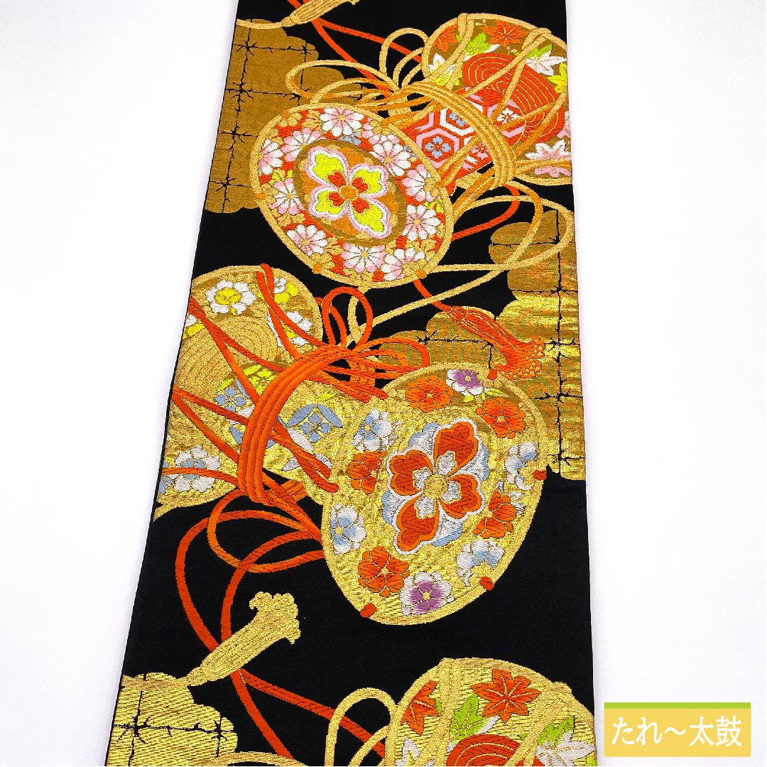 Fukuro Obi, Pure Silk, Black, Drum, Tortoise Shell, Shippo, Autumn Leaves, Length 424cm, S Rank, Six-way, Formal, Black, 1123011802310