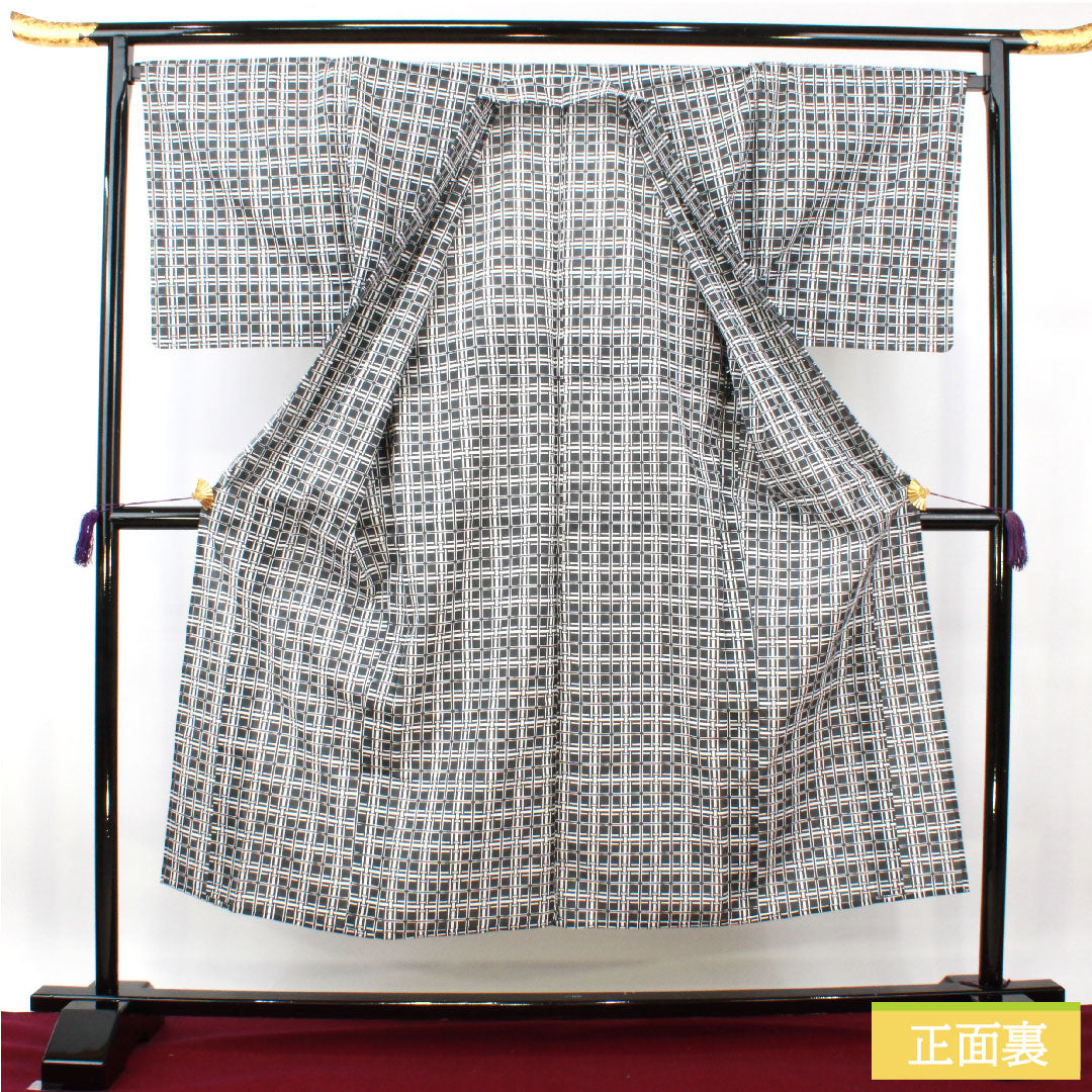 Yukata Cotton Length 148cm Sleeve length 71cm S rank Single layer Gray Ink color (sumiiro) Men's Check pattern 1118005102422