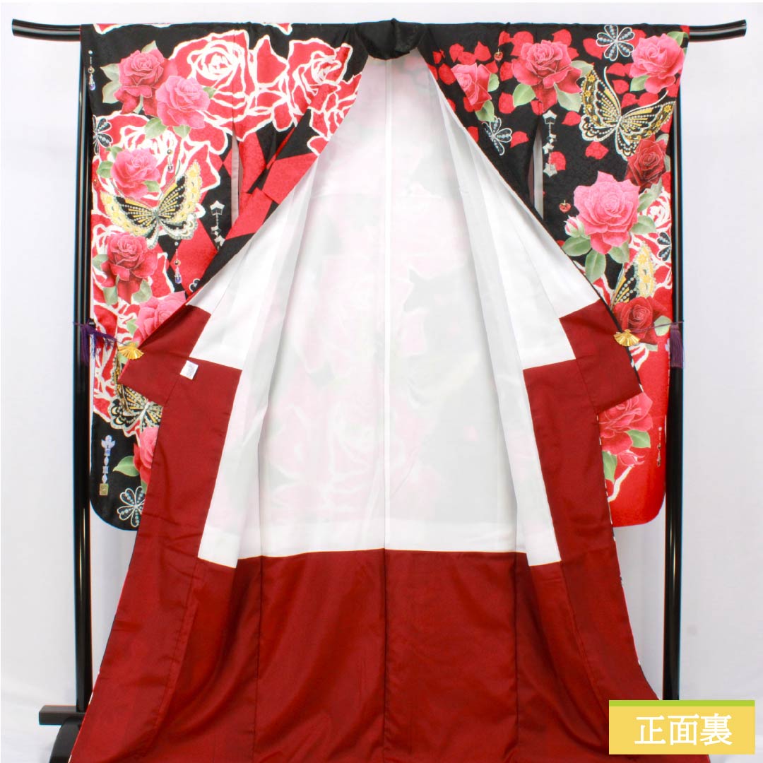 振袖 ポリエステル Sランク 身丈171cm 裄丈67.5cm 袷 薔薇 蝶 洗える着物 黒系 1113002242610