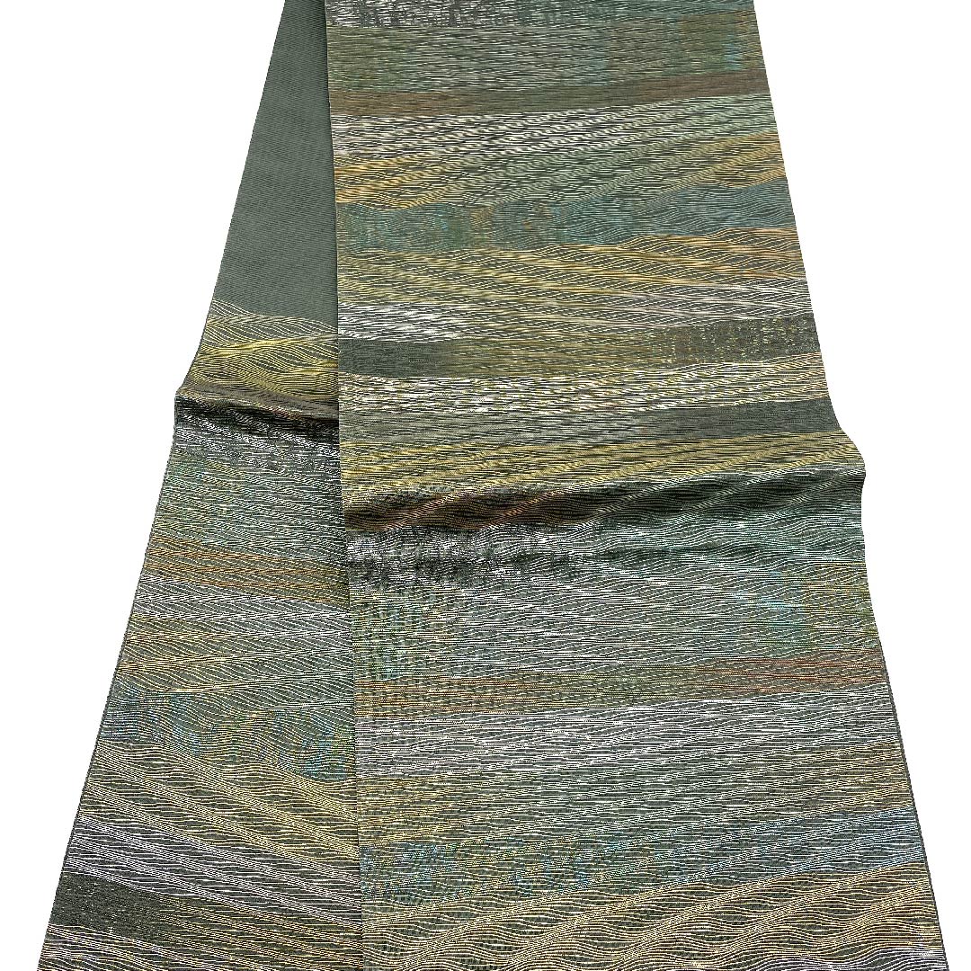 袋帯 湊煤竹色（みなとすすたけいろ） 夏帯 横段 抽象模様 帯丈428cm 正絹 Sランク 六通 セミフォーマル 緑系 1123007262319