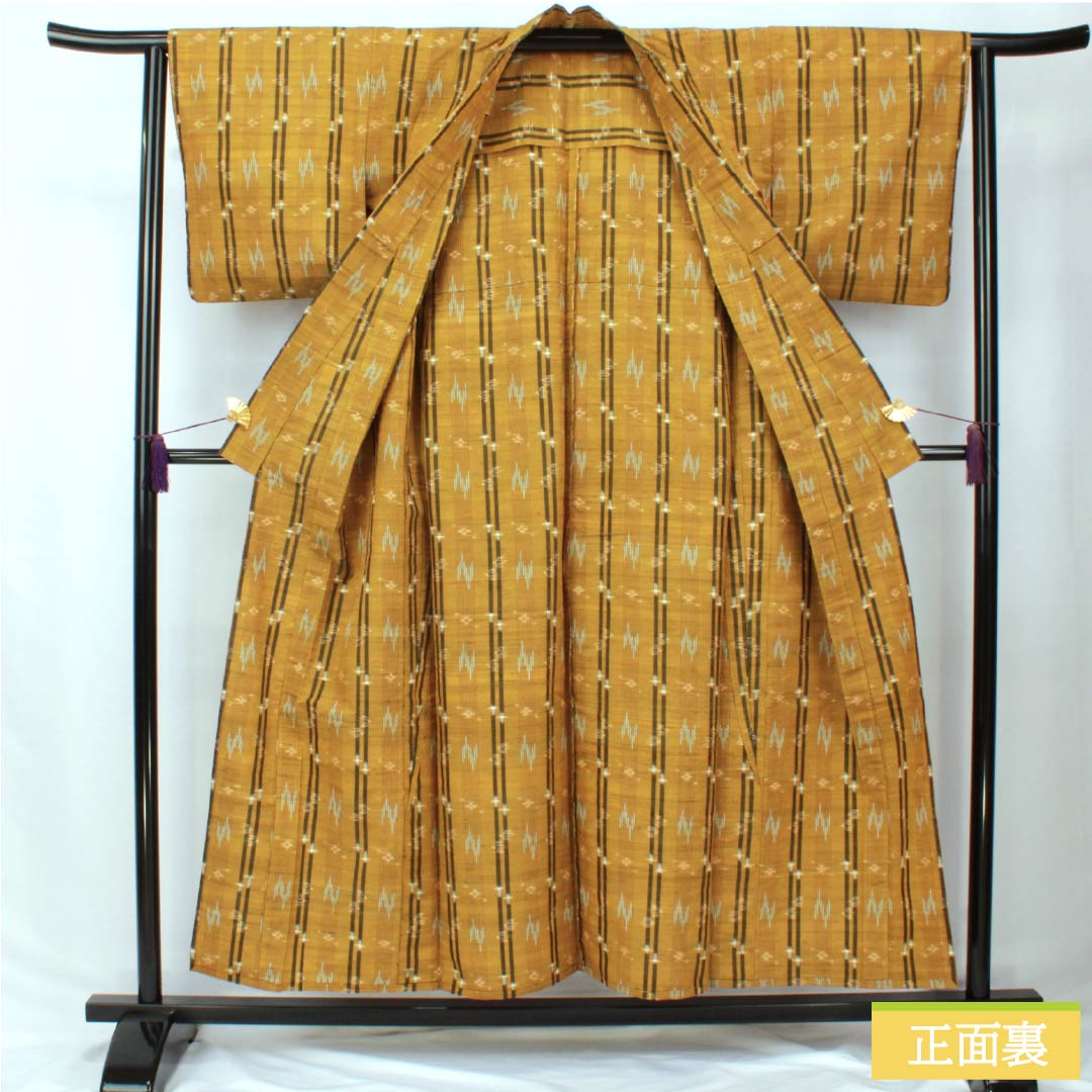 紬 正絹 Sランク 身丈154cm 裄丈62.5cm 黄茶色（きちゃいろ） 絣 単衣 茶系 1116004022214