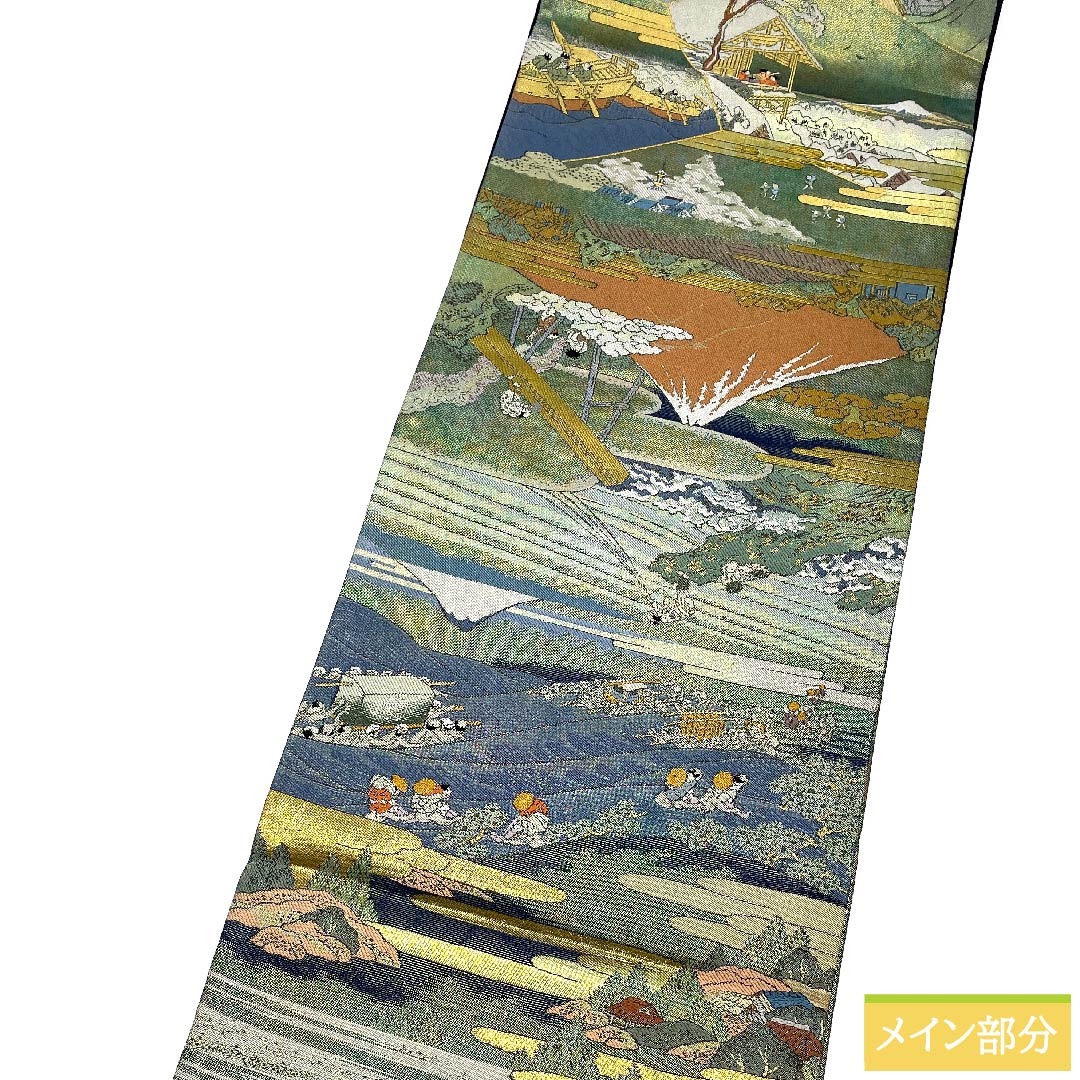 袋帯 正絹 玉虫色 留袖用 時代人物風景模様   帯丈437cm Sランク 全通 フォーマル 緑系 1123010922319