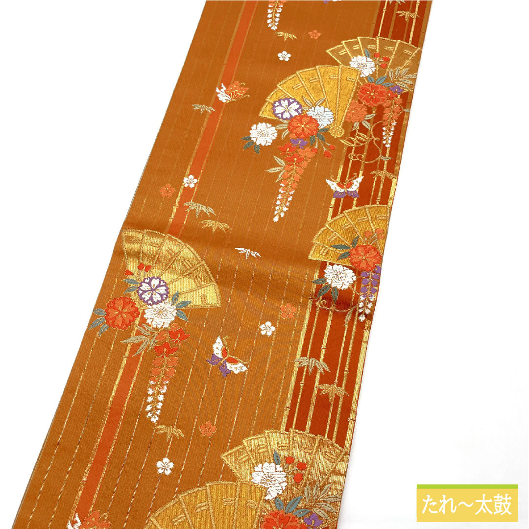 袋帯 正絹 Sランク 丹色（にいろ） 西陣織 扇面 藤 菊 帯丈416cm 六通 セミフォーマル 朱系 1123017192316