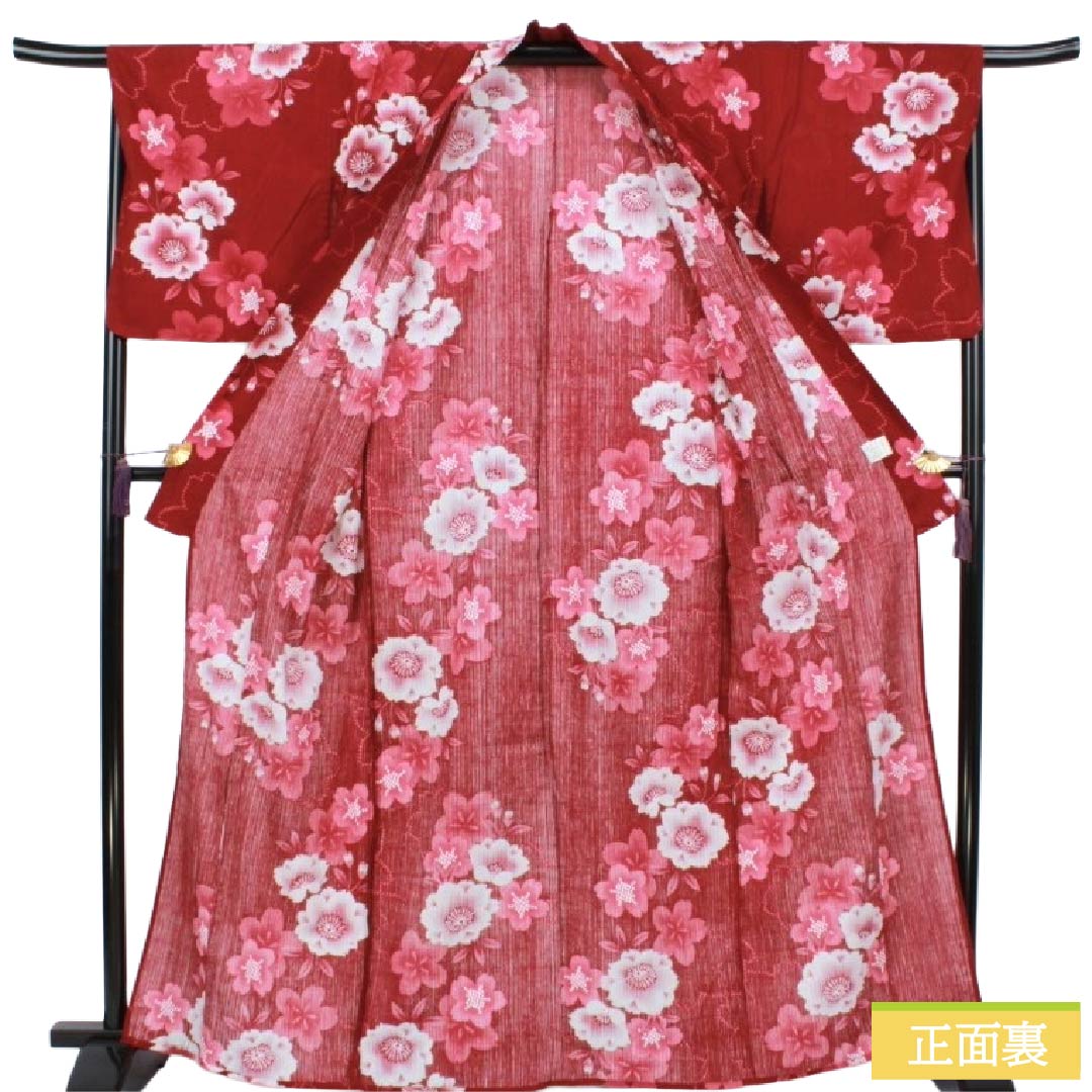 浴衣 木綿 Aランク 身丈164cm 裄丈68cm 真紅色（しんくいろ） 桜 単衣 赤系 1118007463412