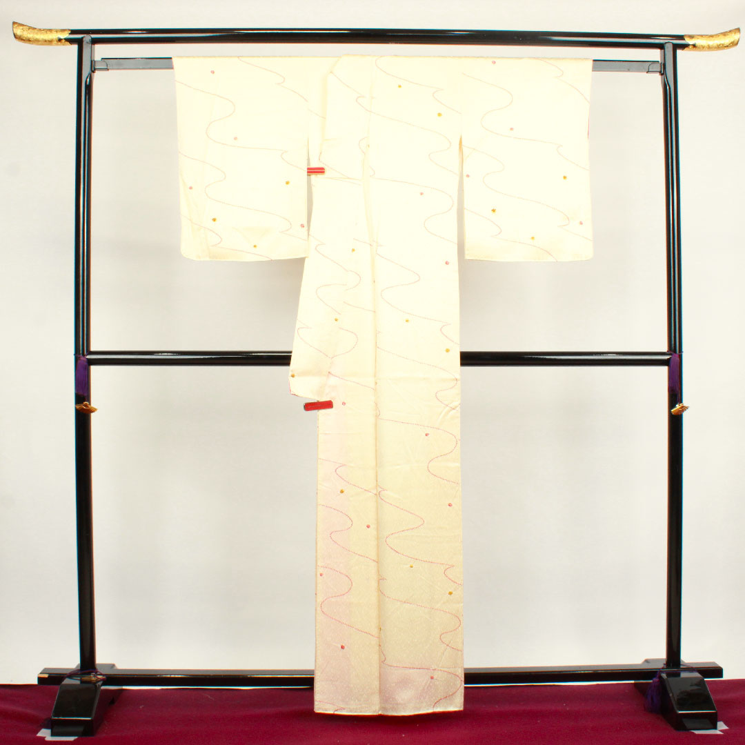 小紋 身丈162cm 裄丈60.5cm 袷  練色 絞り 抽象模様  正絹 Aランク クリーム系 1115003063415