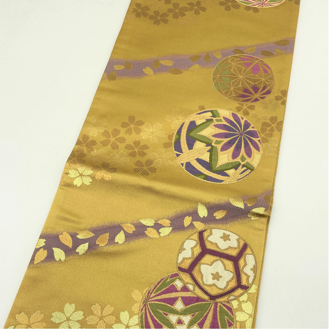 袋帯 桑染色（くわぞめいろ） 振袖用 桜 毬 帯丈444cm 正絹 Aランク 六通 フォーマル 金系 1123005183321