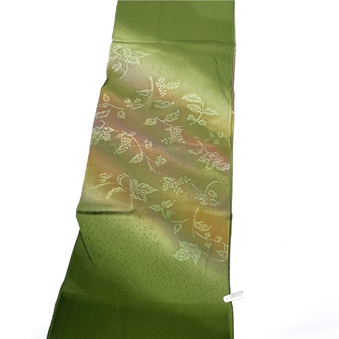 （新古品） 帯締め・帯揚げセット 正絹 NEWランク 桑染色（くわぞめいろ） 手ぐみ 青丹色（あおにいろ） 植物模様 長さ約160cm 幅約1.7cm セミフォーマル 緑系 1141000541319