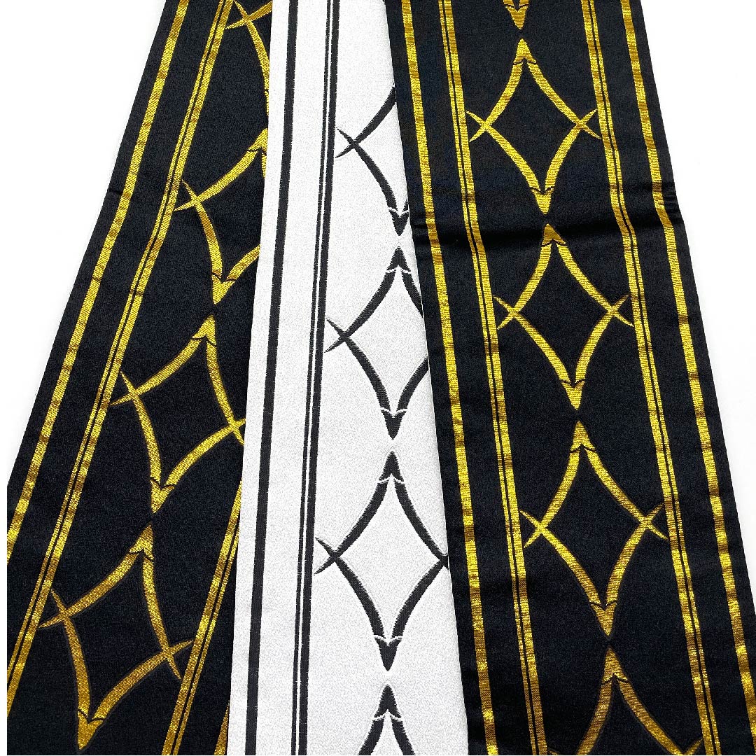 半幅帯 黒色 幾何学模様 帯丈354cm ポリエステル 黒系 Sランク 1125000412910