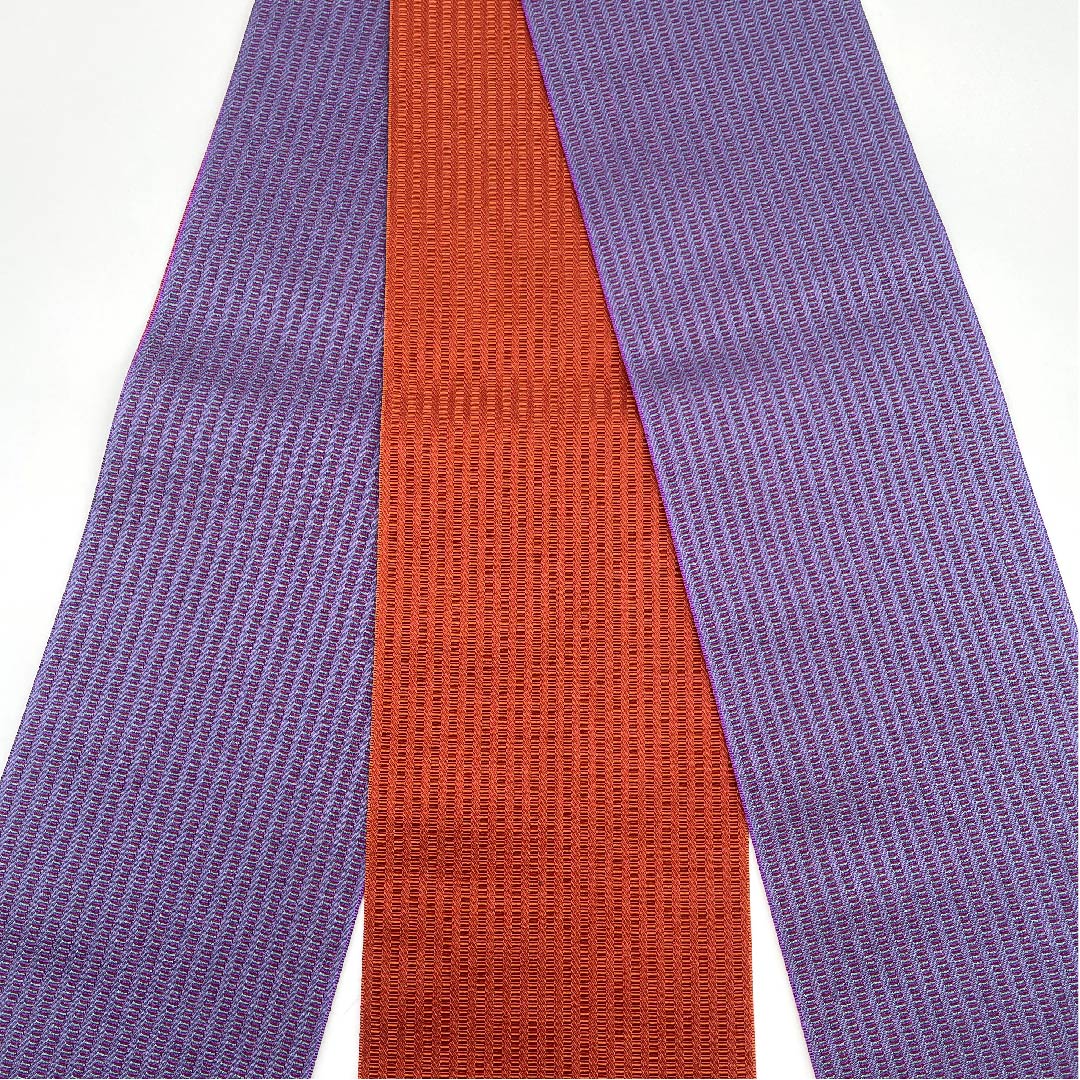 半幅帯 ポリエステル 桔梗色（ききょういろ） ストライプ 幾何学模様 縞 リバーシブル 帯丈354cm 紫系 Sランク 1125001192320