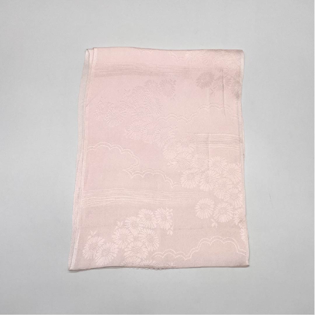 Obiage, pure silk, formal, light cherry blossom color, classic pattern, clouds and flowers, length 148cm, width 26cm, S rank, pink, 1136000352913