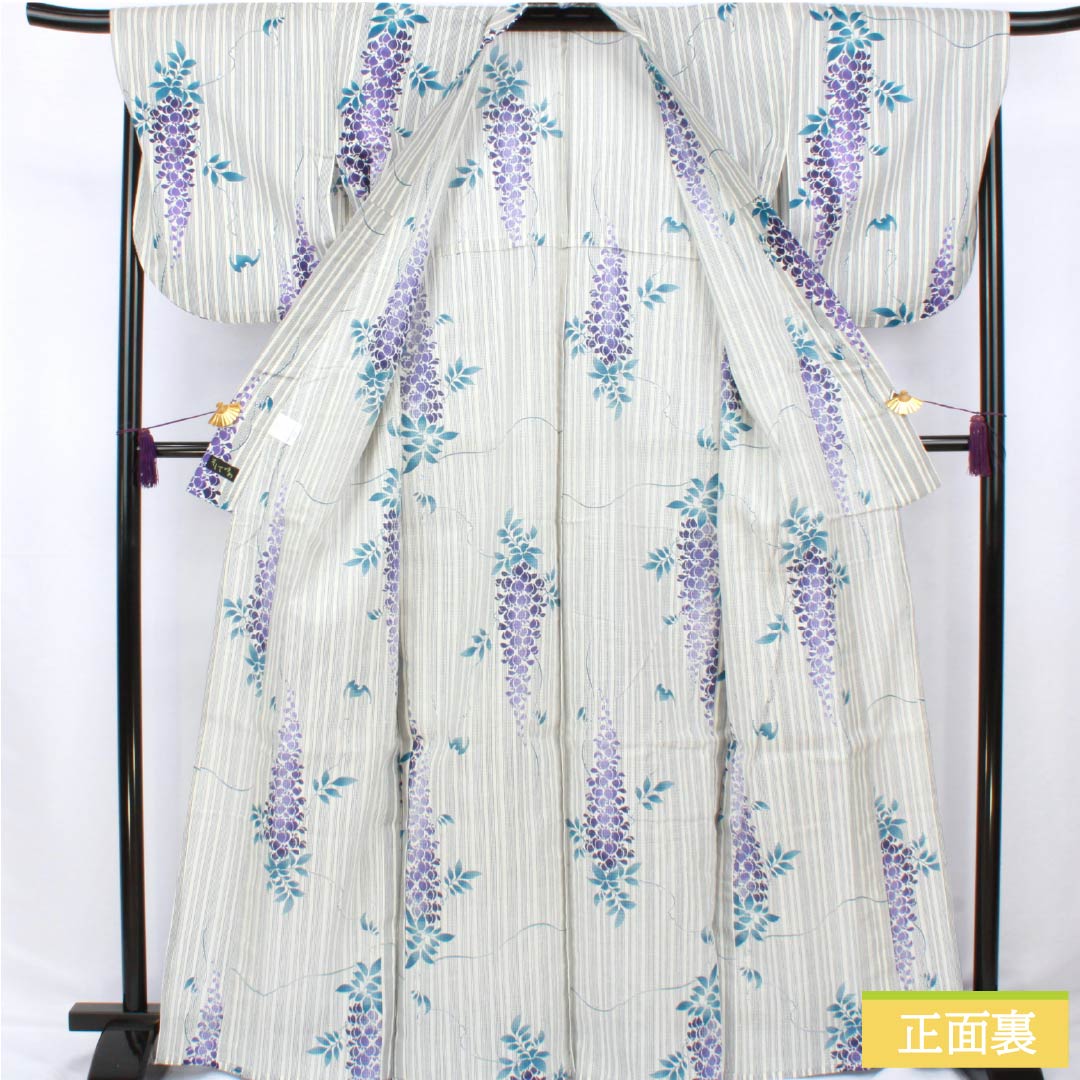 Cotton Yukata, Length 166cm, Sleeve Length 66.5cm, S Rank, Single Layer, White with Wisteria Stripes, 1118006692511