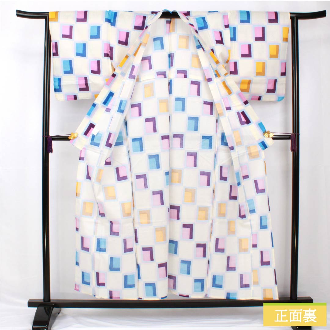 浴衣 木綿 身丈154cm 裄丈64cm Aランク 単衣 白系 ブロック柄 1118005383211