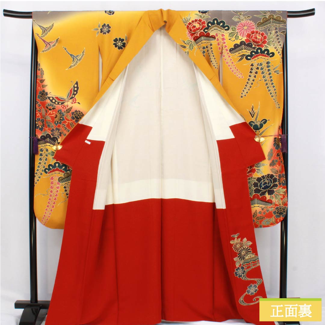 振袖 正絹 Sランク 身丈164cm 裄丈67cm 袷 小麦色（こむぎいろ） 京紅型 吉祥文様 蝶 松 パールトーン加工 橙系 1113002332426