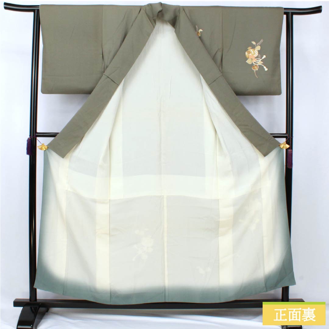 訪問着 正絹 Sランク 袷 身丈155cm 裄丈62.5cm 利休鼠色（りきゅうねずみいろ） 京友禅 付下げ 葵 小槌 スーパー鈴ガード 緑系 1112007212319