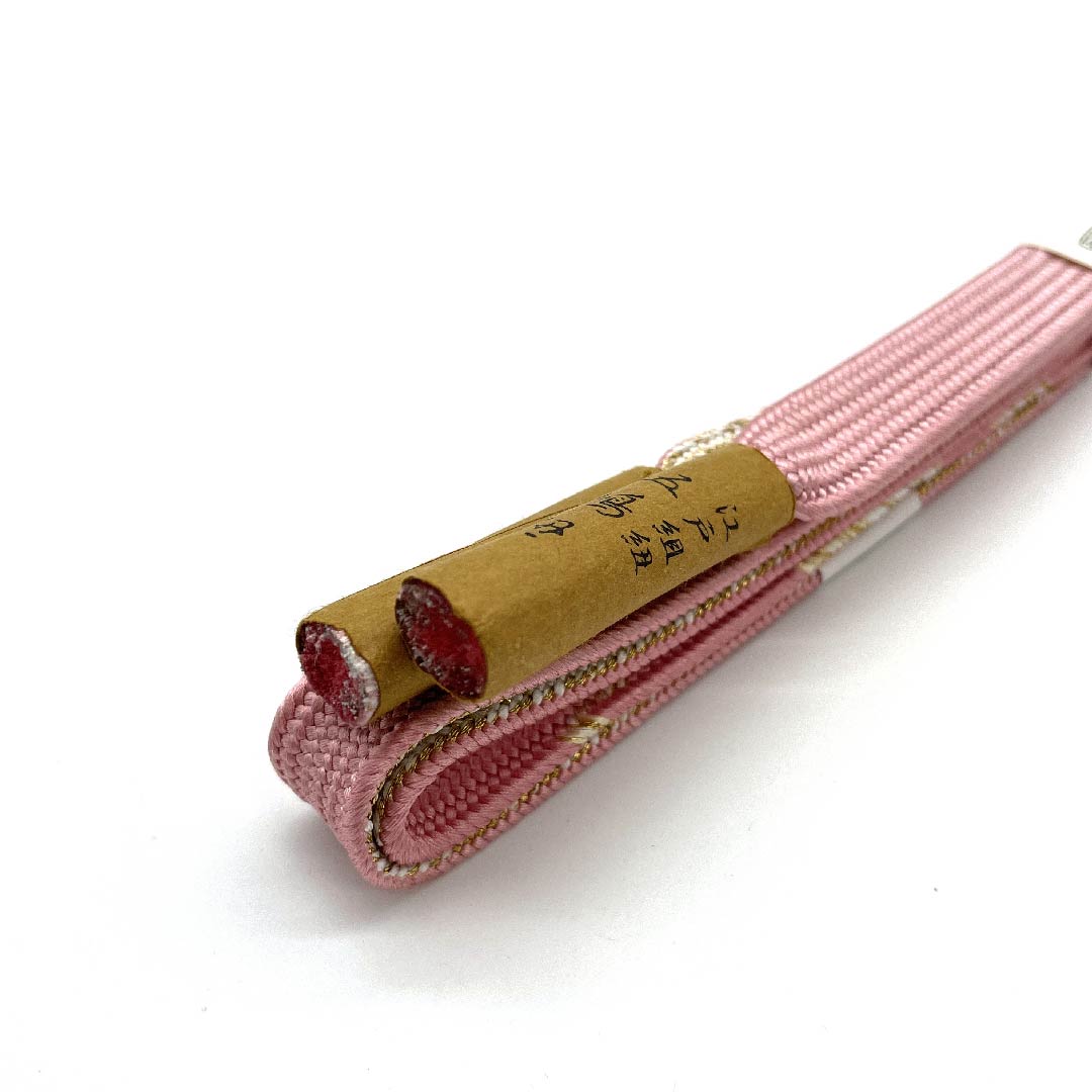 （新古品） 帯締め 正絹 四分紐 浅紅色（あさべにいろ） 五嶋紐 江戸組紐 金属糸使用 長さ約159cm 幅約1.7cm セミフォーマル Sランク ピンク系 1135002442313