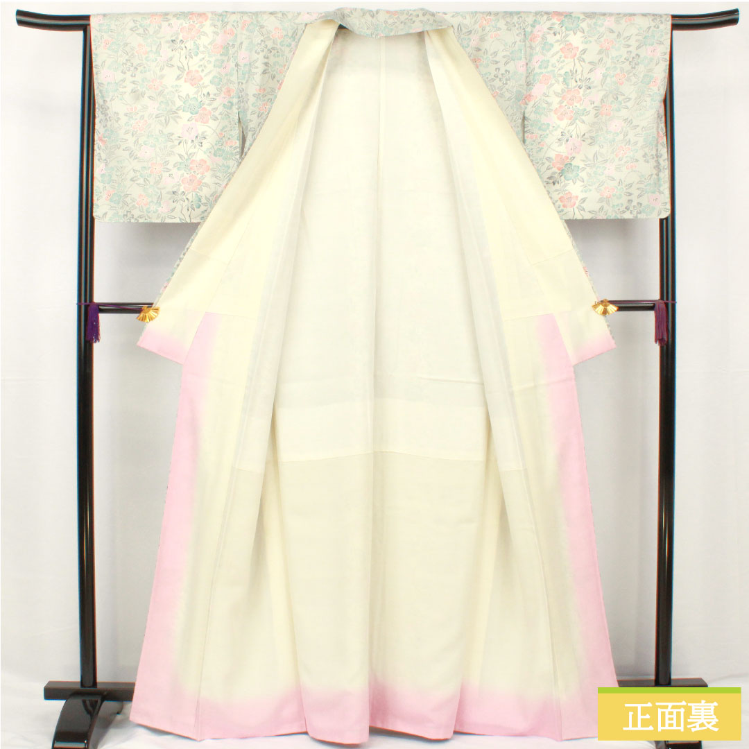 小紋 ポリエステル 身丈165cm 裄丈66cm 袷 胡粉色（ごふんいろ） 洗える着物 草花模様 Aランク グレー系 1115004513522