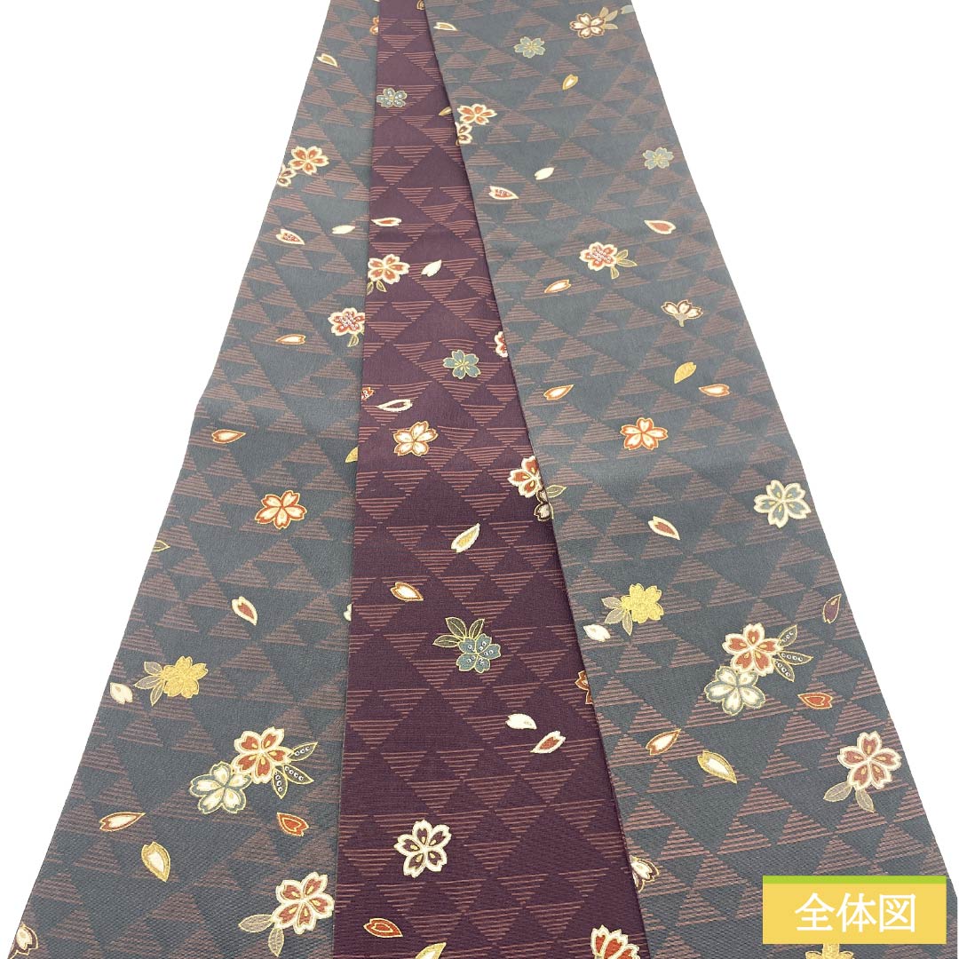 半幅帯 正絹 Sランク 鉛色（なまりいろ） 二人静色（ふたりしずかいろ） ウロコ模様 桜 リバーシブル 長尺 帯丈464cm グレー系 1125003832422