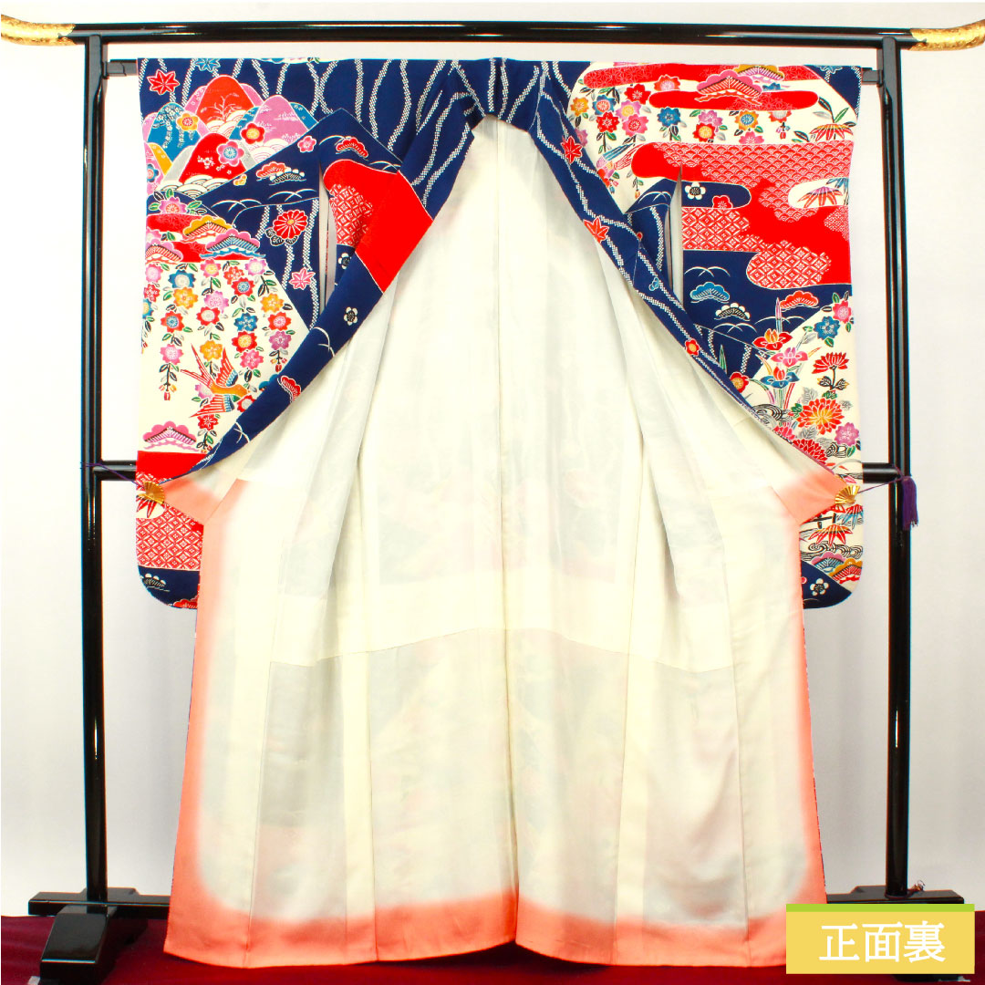 Furisode, pure silk, length 165cm, sleeve length 66cm, lined, lapis lazuli color, Kyoto Bingata, auspicious motif, A rank, navy blue, 1113002053518