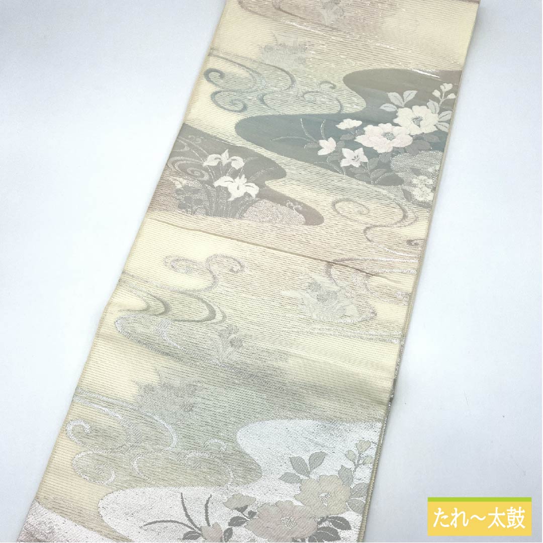袋帯 正絹 Aランク 生成り色（きなりいろ） 夏帯 引箔 流水 霞 帯丈440cm 六通 セミフォーマル 白系 1123015103311