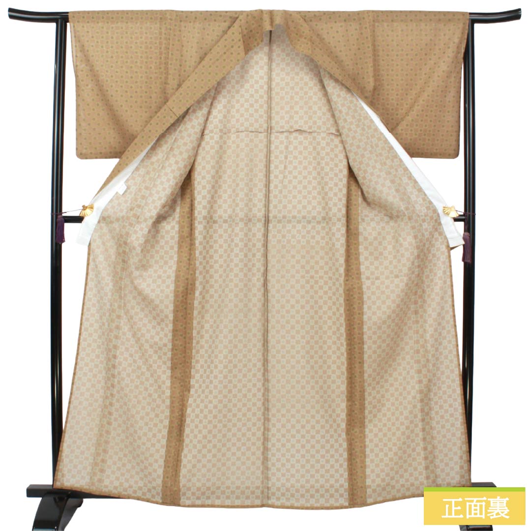 夏物 ポリエステル 小紋 Sランク 身丈163cm 裄丈63.5cm 翁茶色（おきなちゃいろ） 枯野色（かれのいろ） 市松 桜 絽 茶系 1132005122414