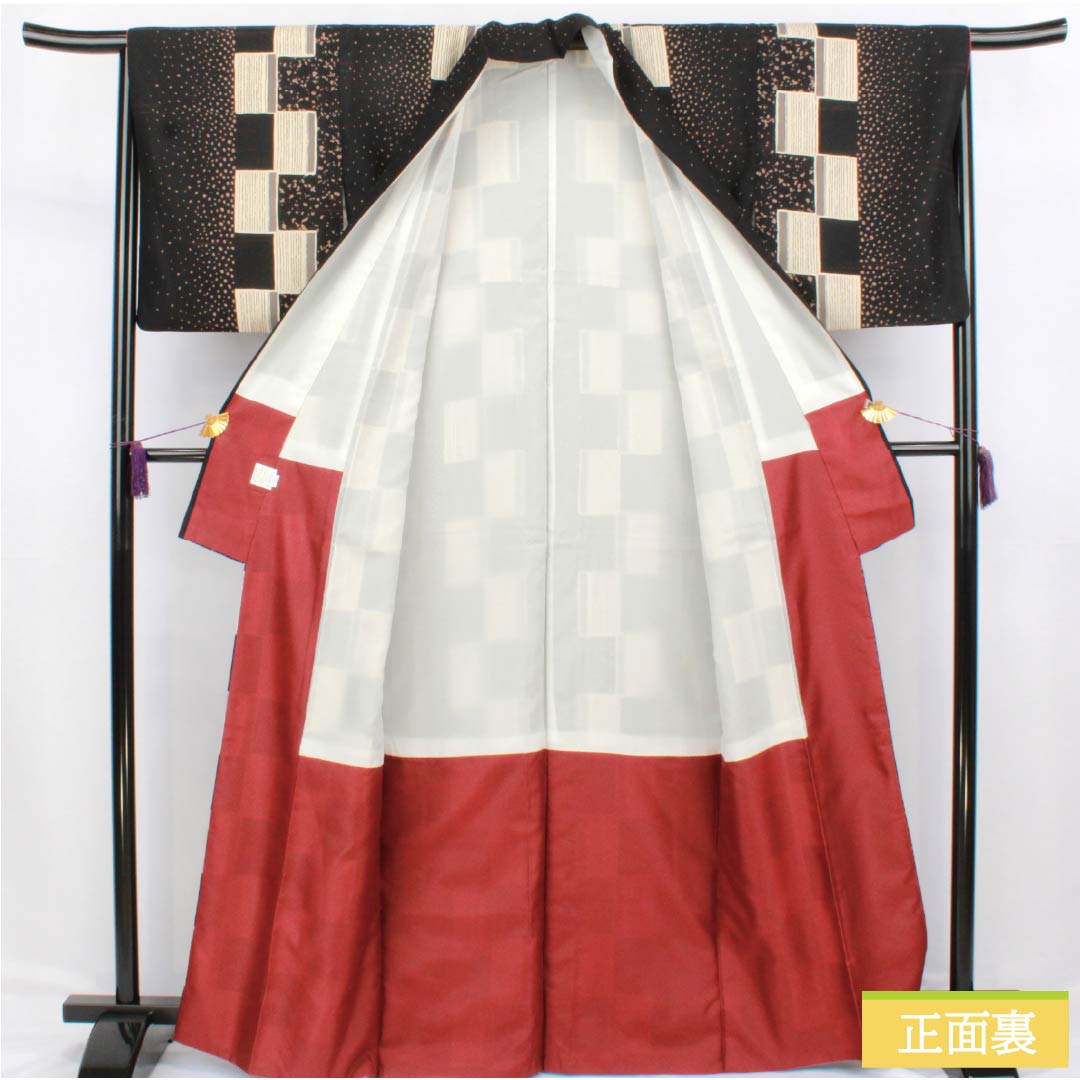 小紋 ポリエステル Bランク 身丈165.5cm 裄丈65.5cm 袷 ドット 市松 洗える着物 黒系 1115006754510