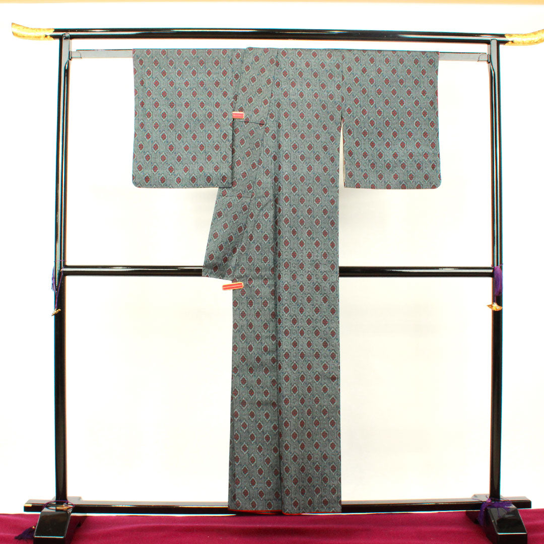 村山大島 身丈154cm 裄丈63cm 幾何学模様 正絹 Aランク 袷 紺系 1116002133218