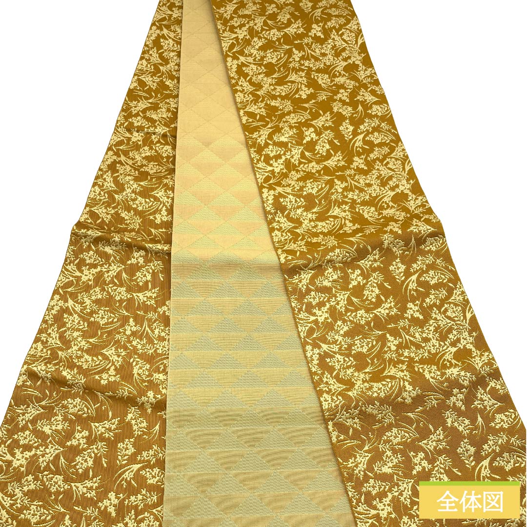 （新品）半幅帯 ポリエステル NEWランク 埴色（はにいろ） 東京白茶色（とうきょうしらちゃいろ） 草花模様 鱗模様 広幅 リバーシブル 帯丈398cm 茶系 1125006311314